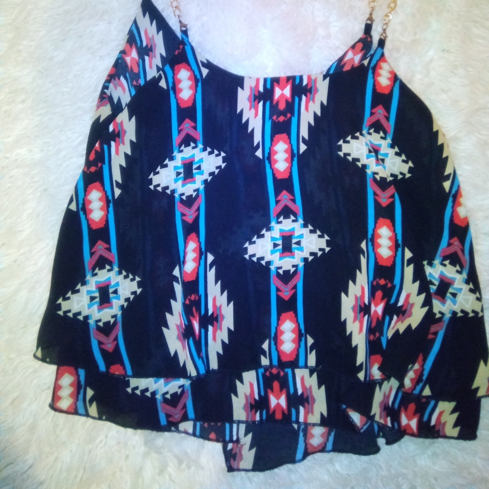 Abstract Southwestern Gold Chain Strap Crop Top Sz Small